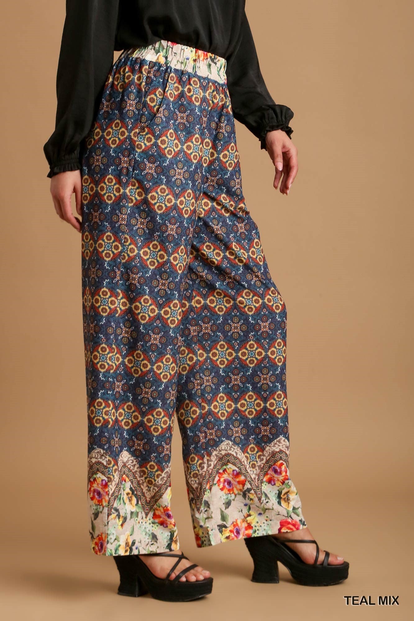 Umgee Elastic Waistband Wide Fit Mixed Print Side Pockets Bottoms