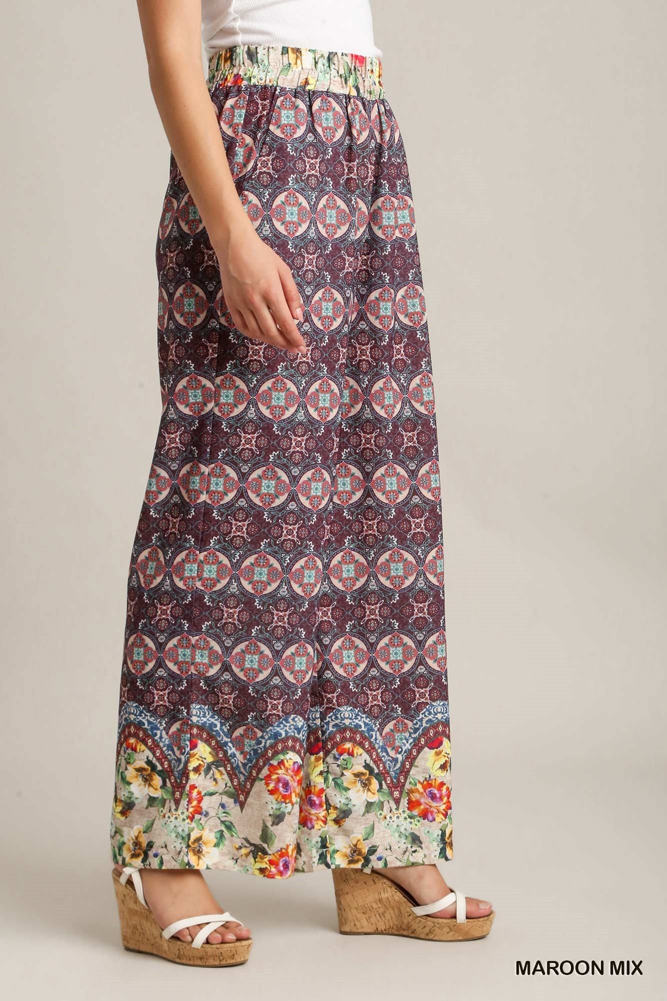 Umgee Elastic Waistband Wide Fit Mixed Print Side Pockets Bottoms