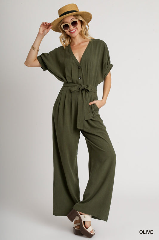 Umgee Linen Waist Belt V-Neck Wide Leg Elastic Short Sleeve Jumpsuit