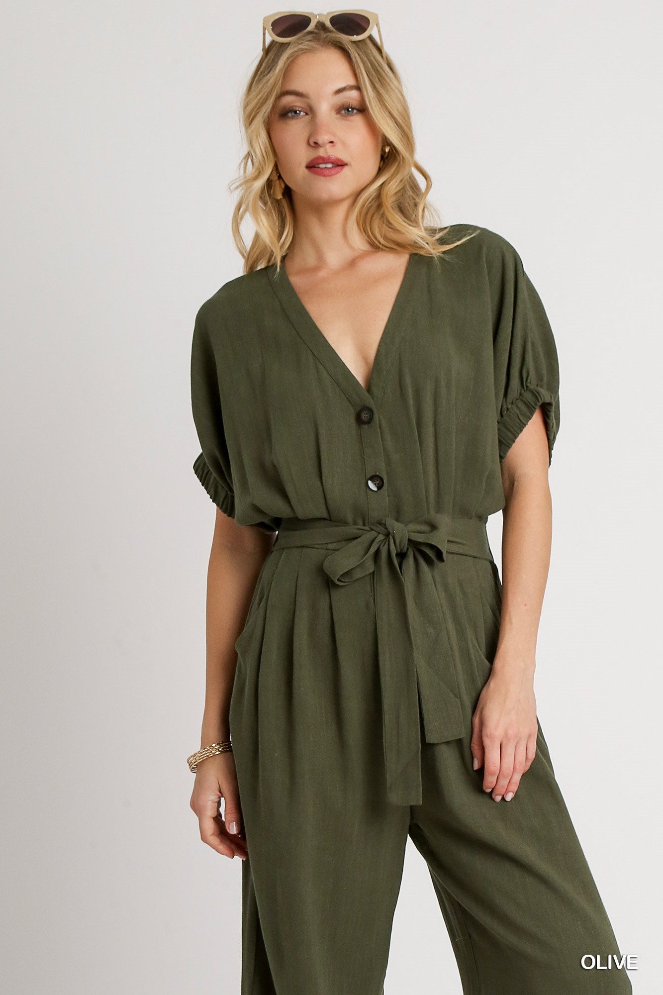 Umgee Linen Waist Belt V-Neck Wide Leg Elastic Short Sleeve Jumpsuit