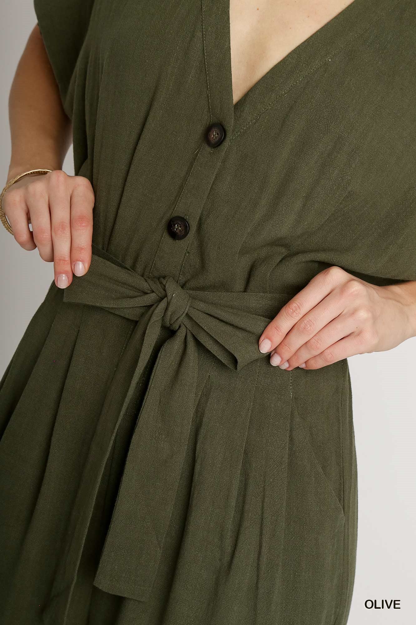 Umgee Linen Waist Belt V-Neck Wide Leg Elastic Short Sleeve Jumpsuit