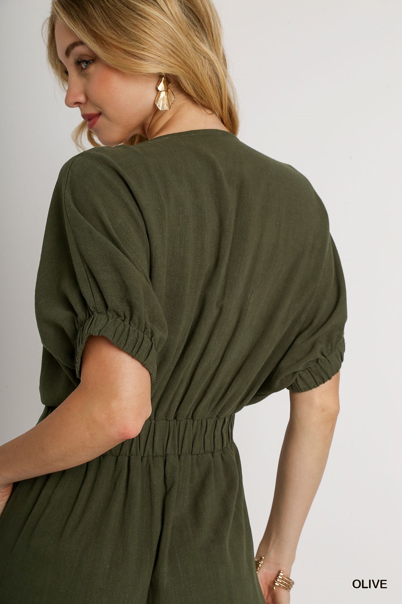 Umgee Linen Waist Belt V-Neck Wide Leg Elastic Short Sleeve Jumpsuit