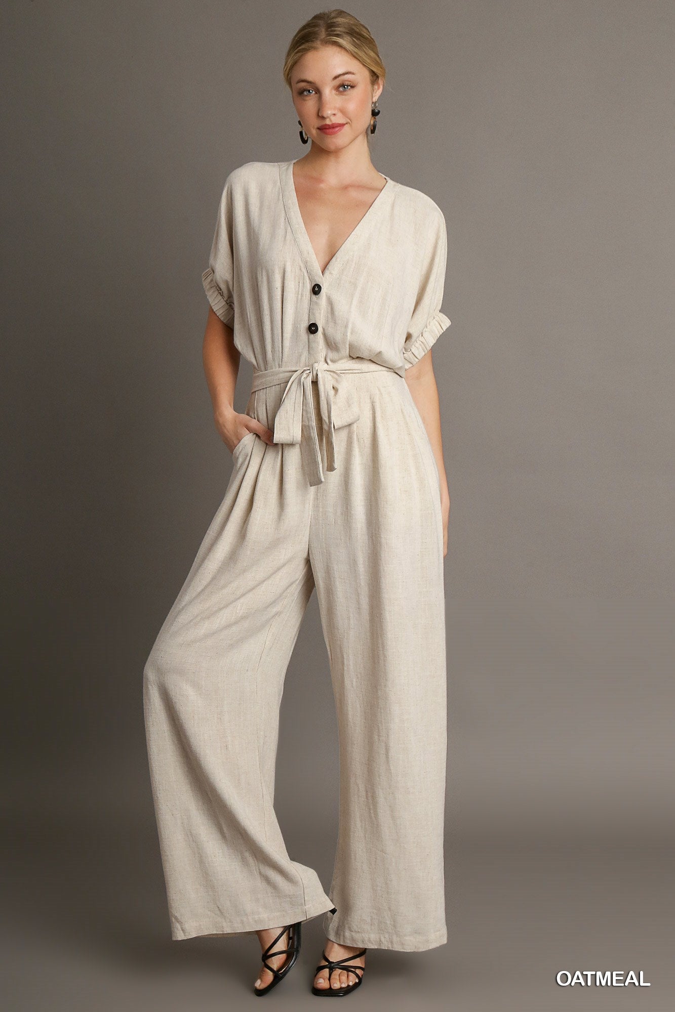 Umgee Linen Waist Belt V-Neck Wide Leg Elastic Short Sleeve Jumpsuit
