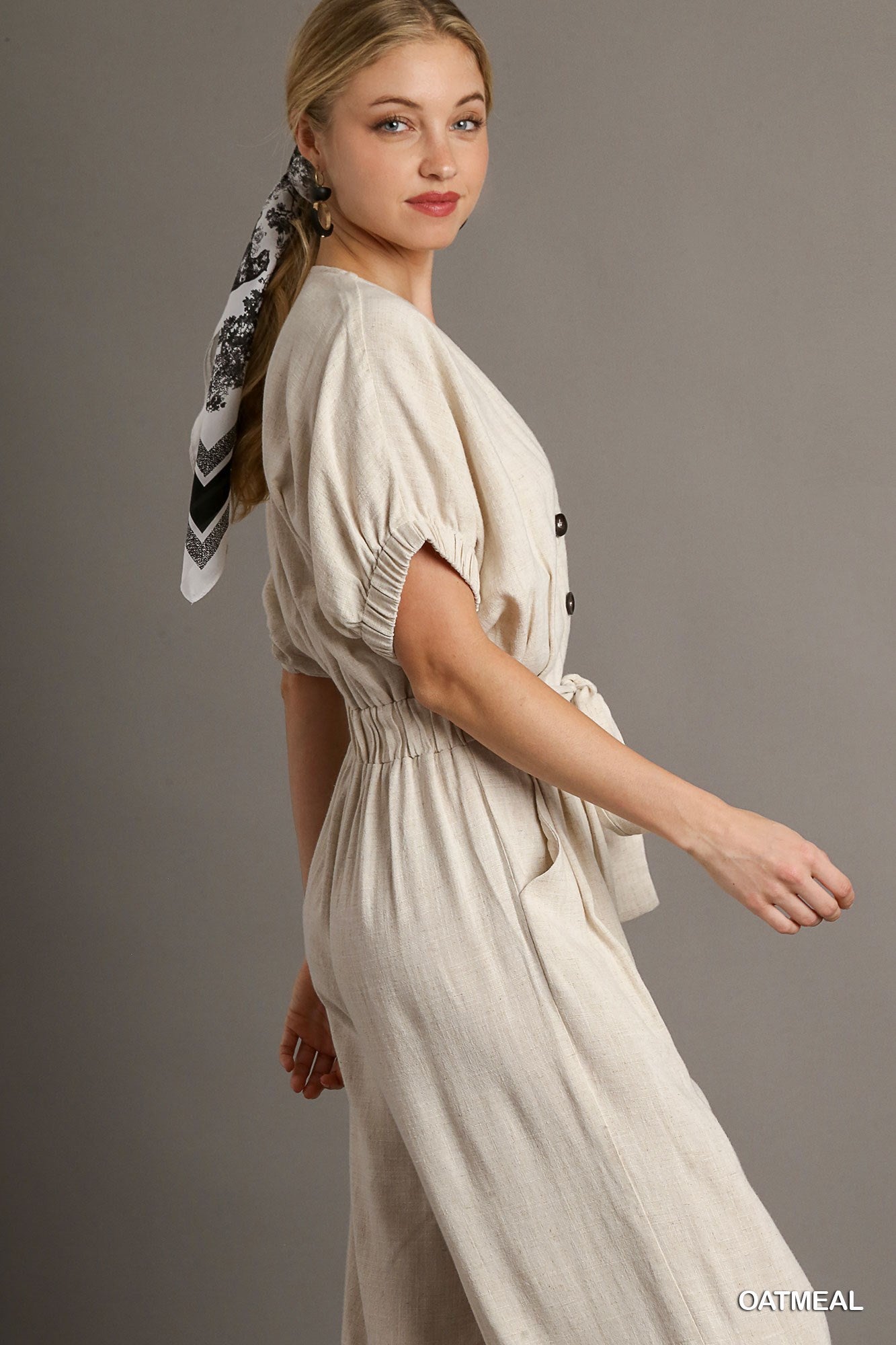 Umgee Linen Waist Belt V-Neck Wide Leg Elastic Short Sleeve Jumpsuit