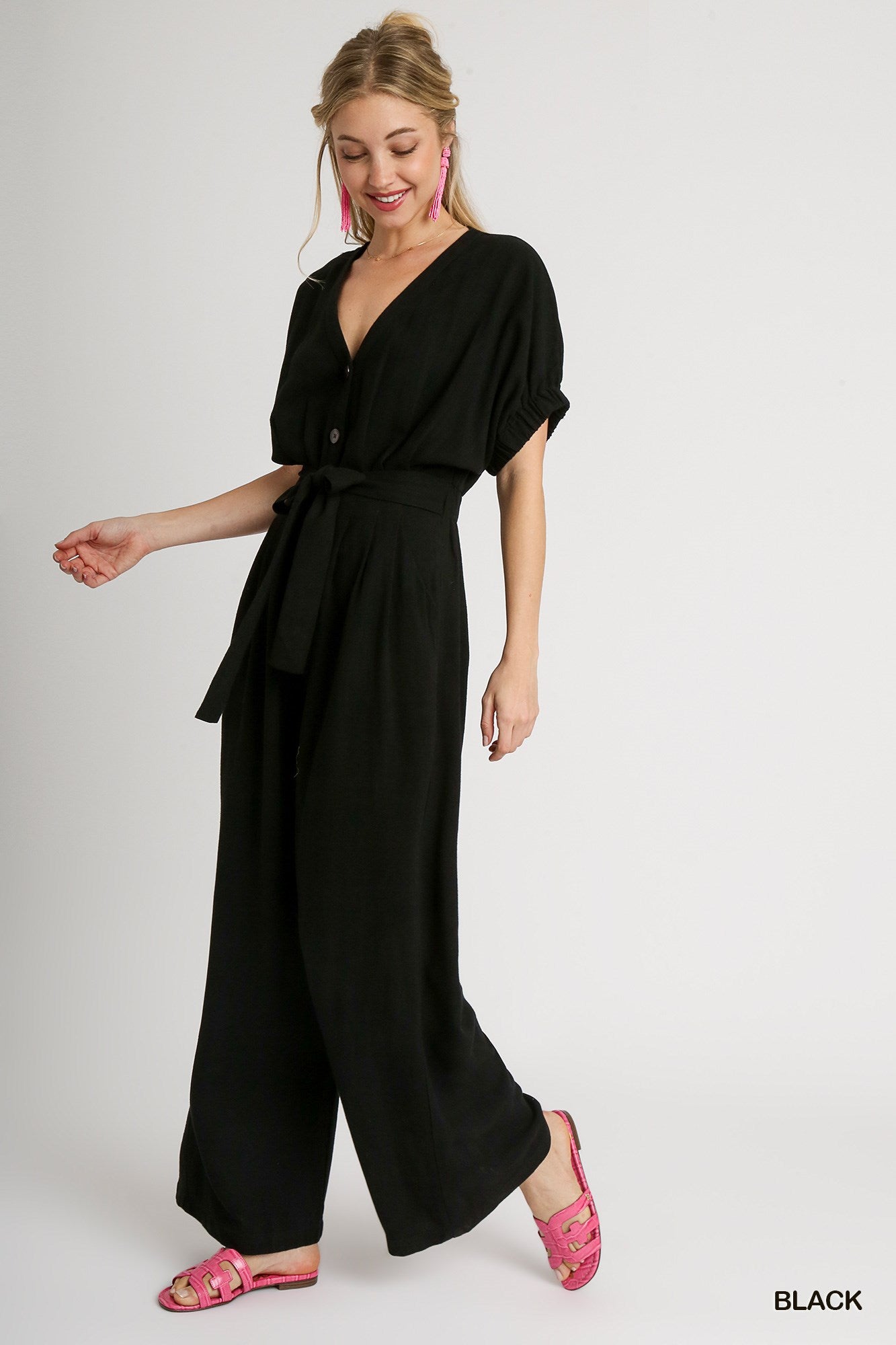 Umgee Linen Waist Belt V-Neck Wide Leg Elastic Short Sleeve Jumpsuit