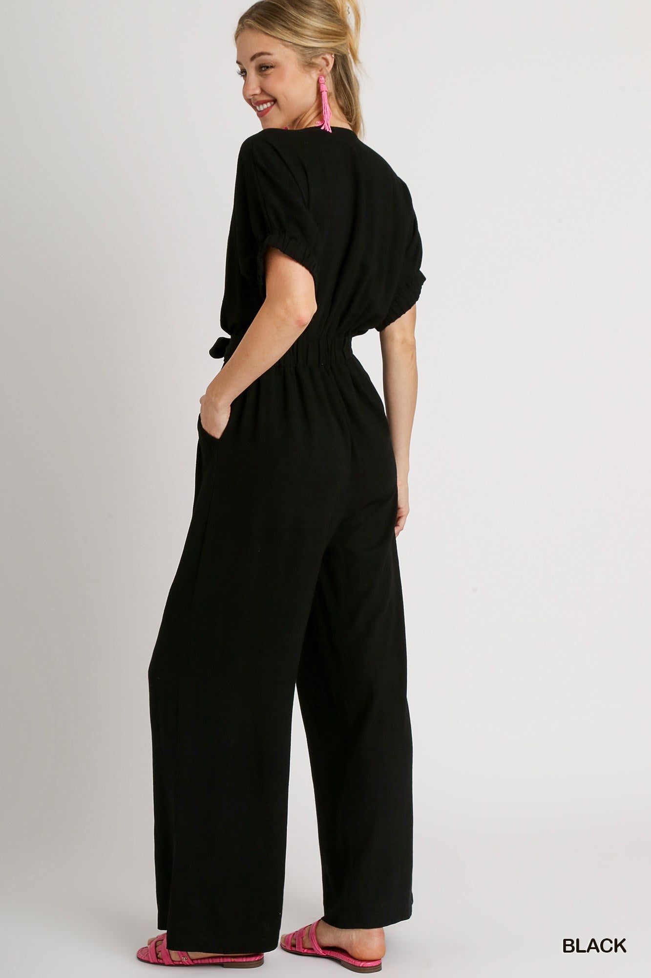 Umgee Linen Waist Belt V-Neck Wide Leg Elastic Short Sleeve Jumpsuit