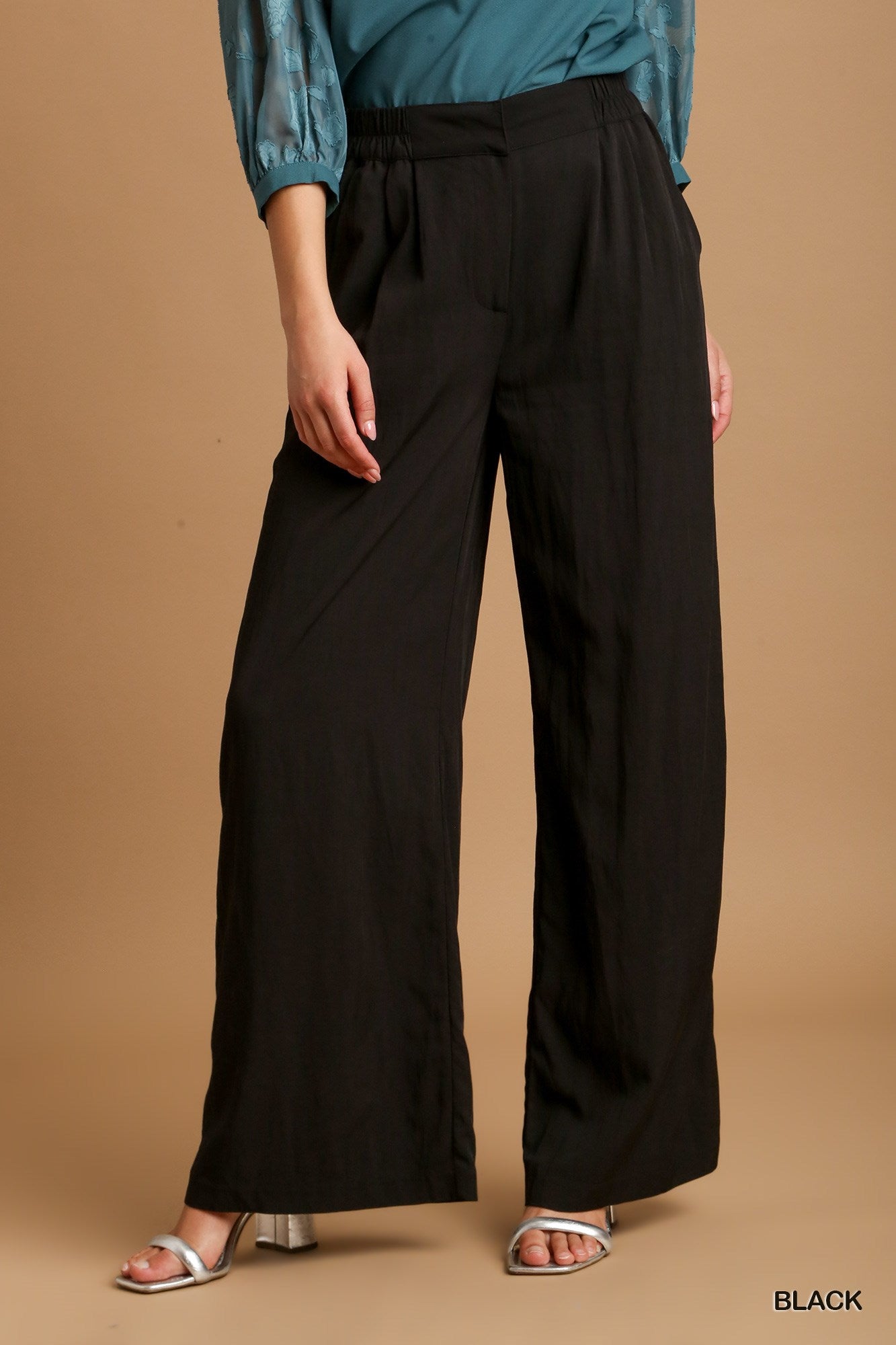 Umgee Elastic Waist Band Trouser Buttons Garment Hook Pleated Pants