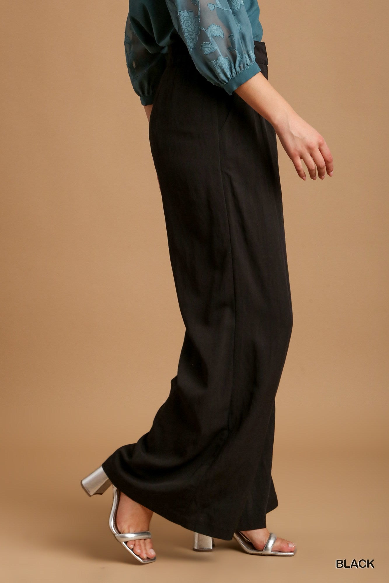 Umgee Elastic Waist Band Trouser Buttons Garment Hook Pleated Pants