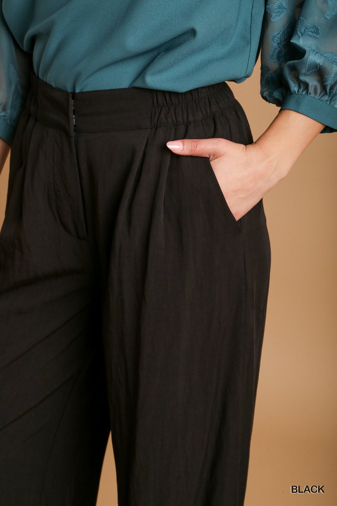 Umgee Elastic Waist Band Trouser Buttons Garment Hook Pleated Pants