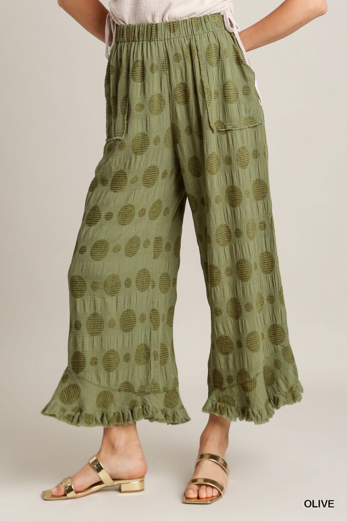 Umgee Solid Dotted Ruffle Trim Side Pockets Pants