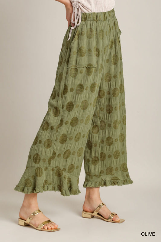 Umgee Solid Dotted Ruffle Trim Side Pockets Pants