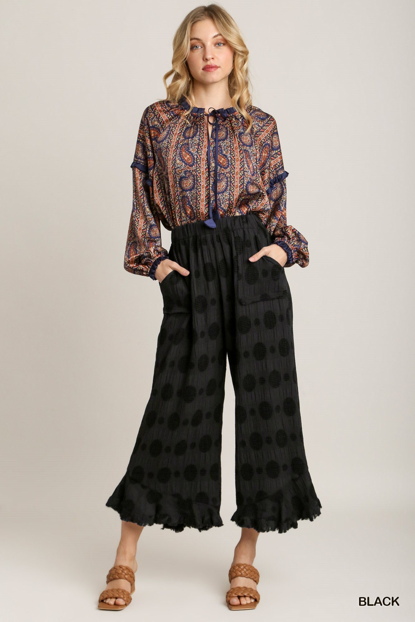 Umgee Solid Dotted Ruffle Trim Side Pockets Pants