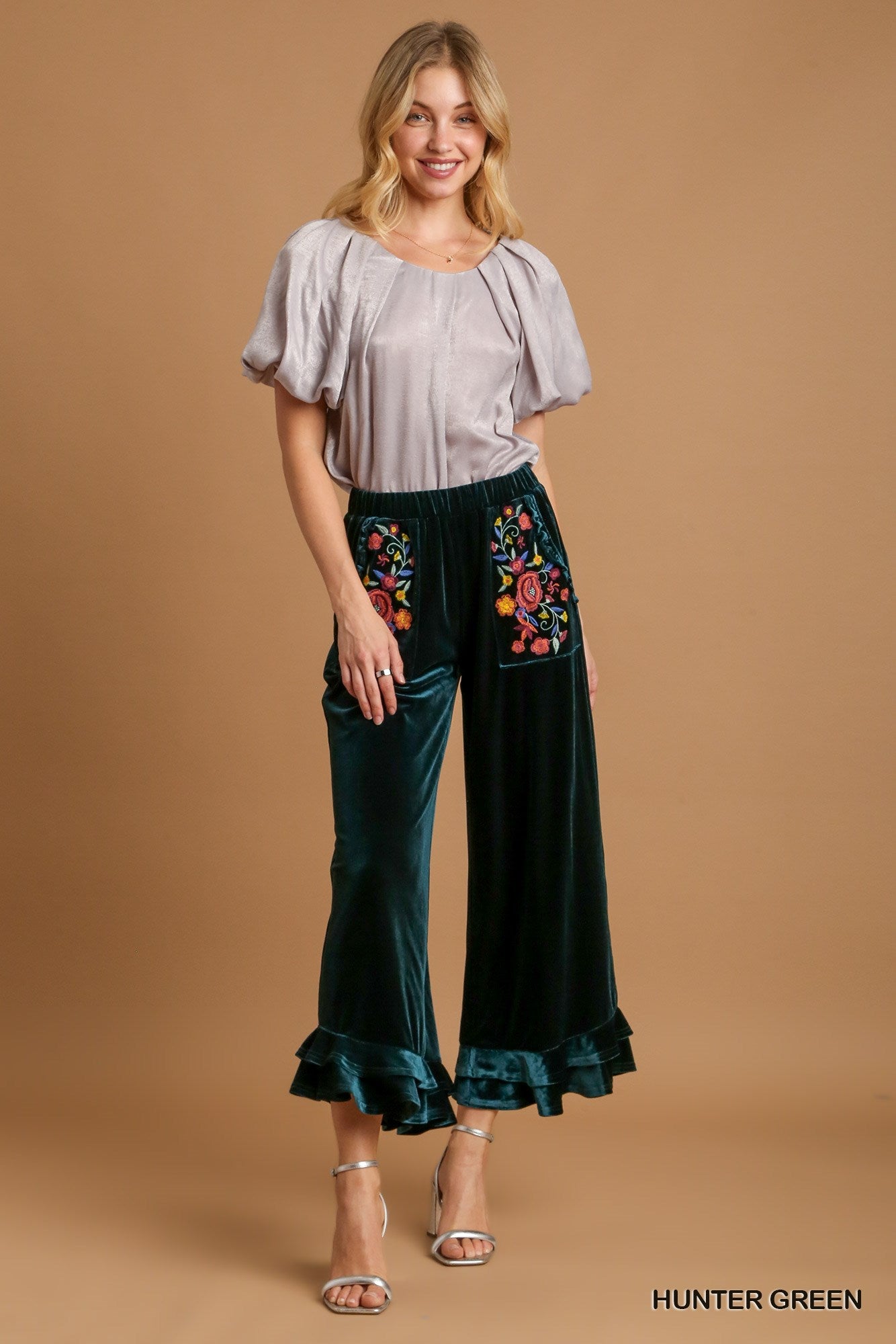 Umgee Elastic Waistband Wide Fit Ruffle Velvet Pants