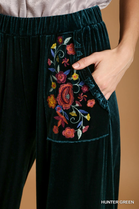 Umgee Elastic Waistband Wide Fit Ruffle Velvet Pants