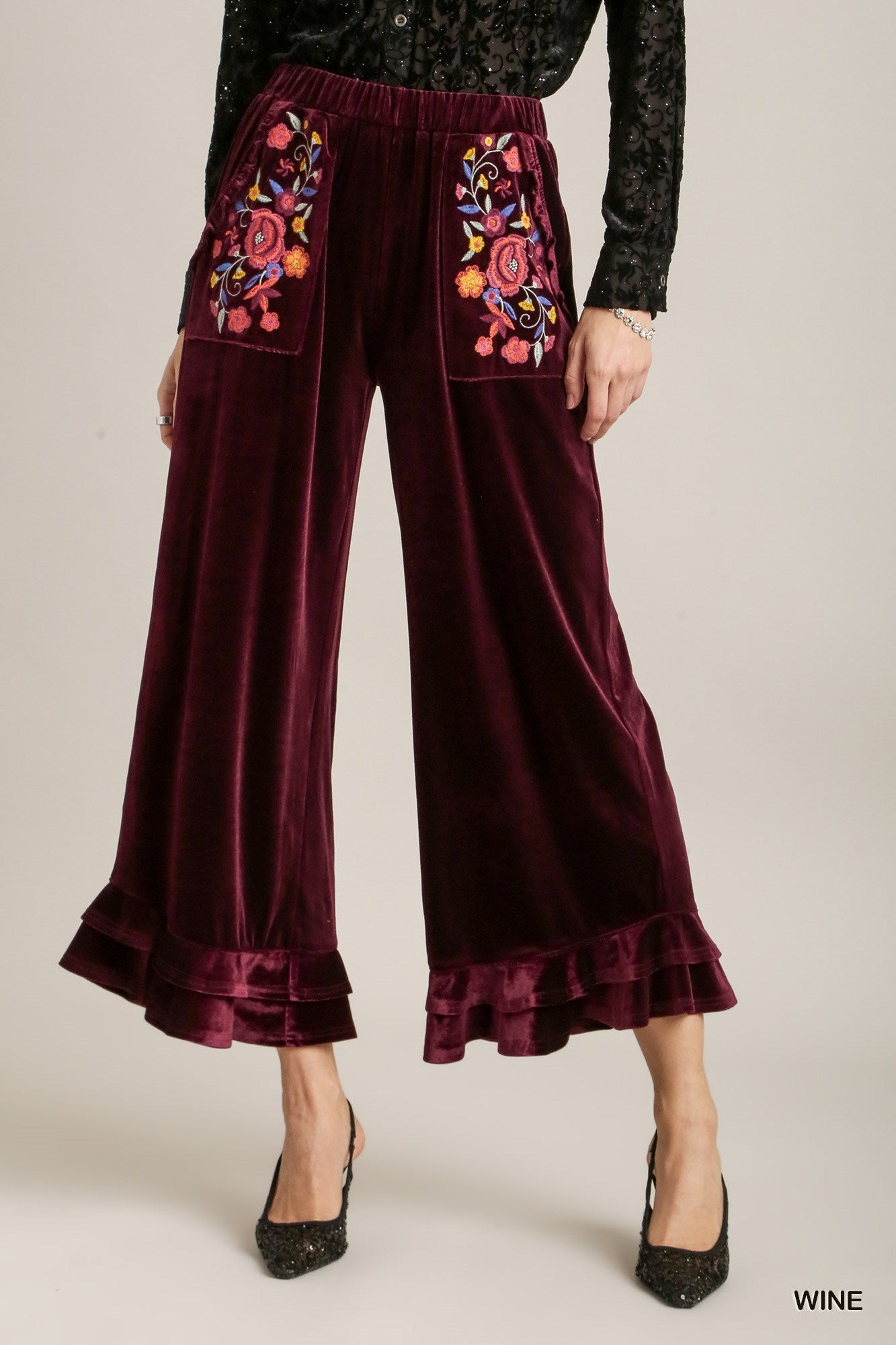 Umgee Elastic Waistband Wide Fit Ruffle Velvet Pants