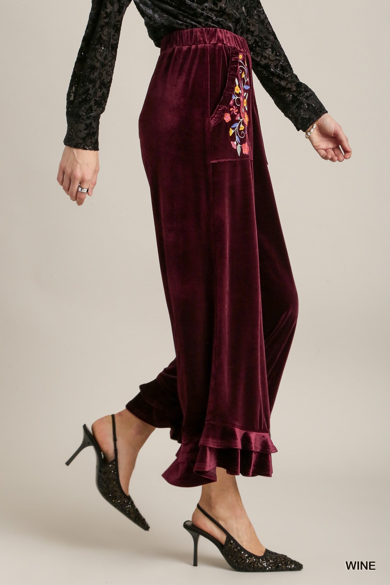 Umgee Elastic Waistband Wide Fit Ruffle Velvet Pants