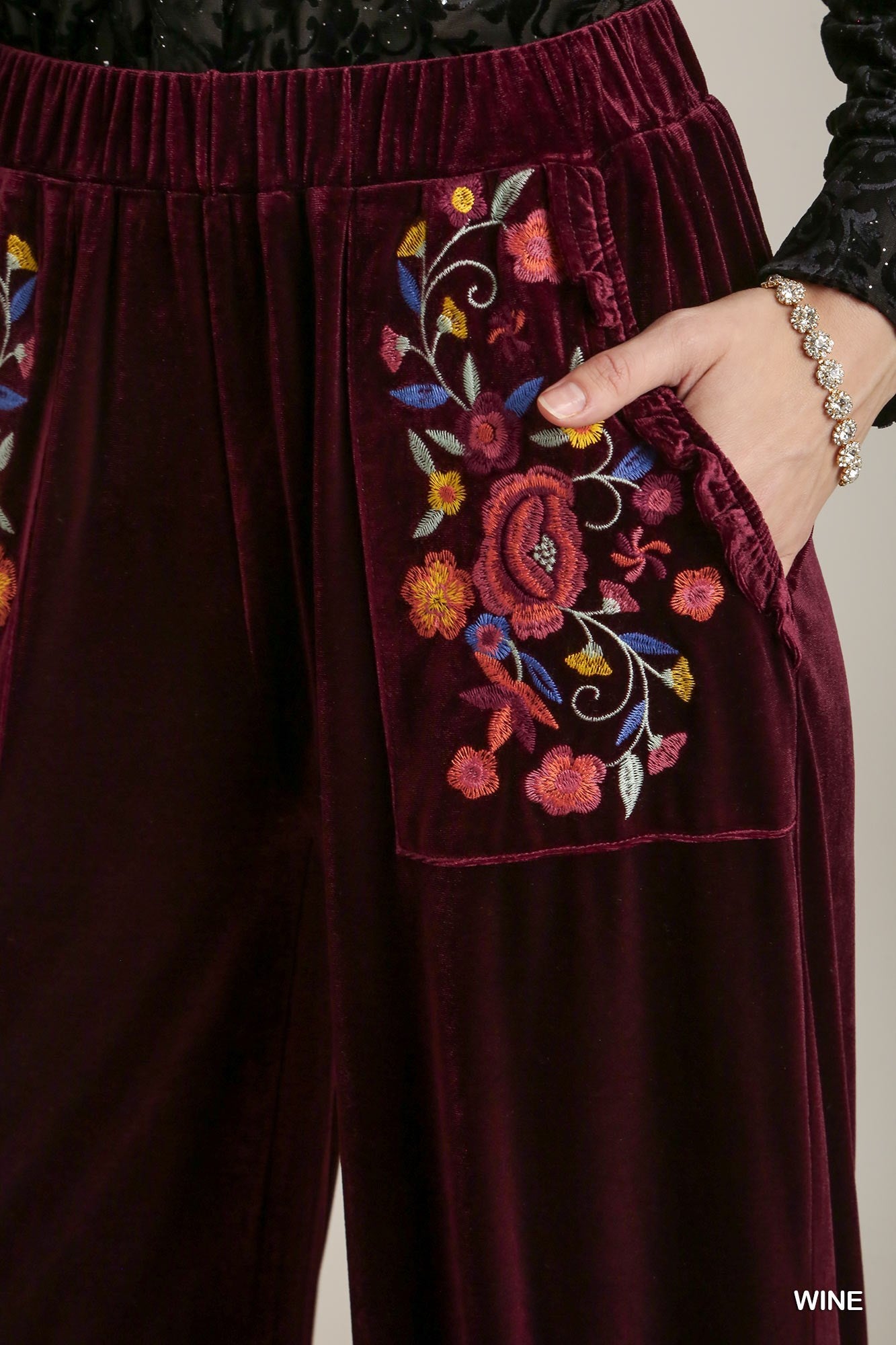 Umgee Elastic Waistband Wide Fit Ruffle Velvet Pants