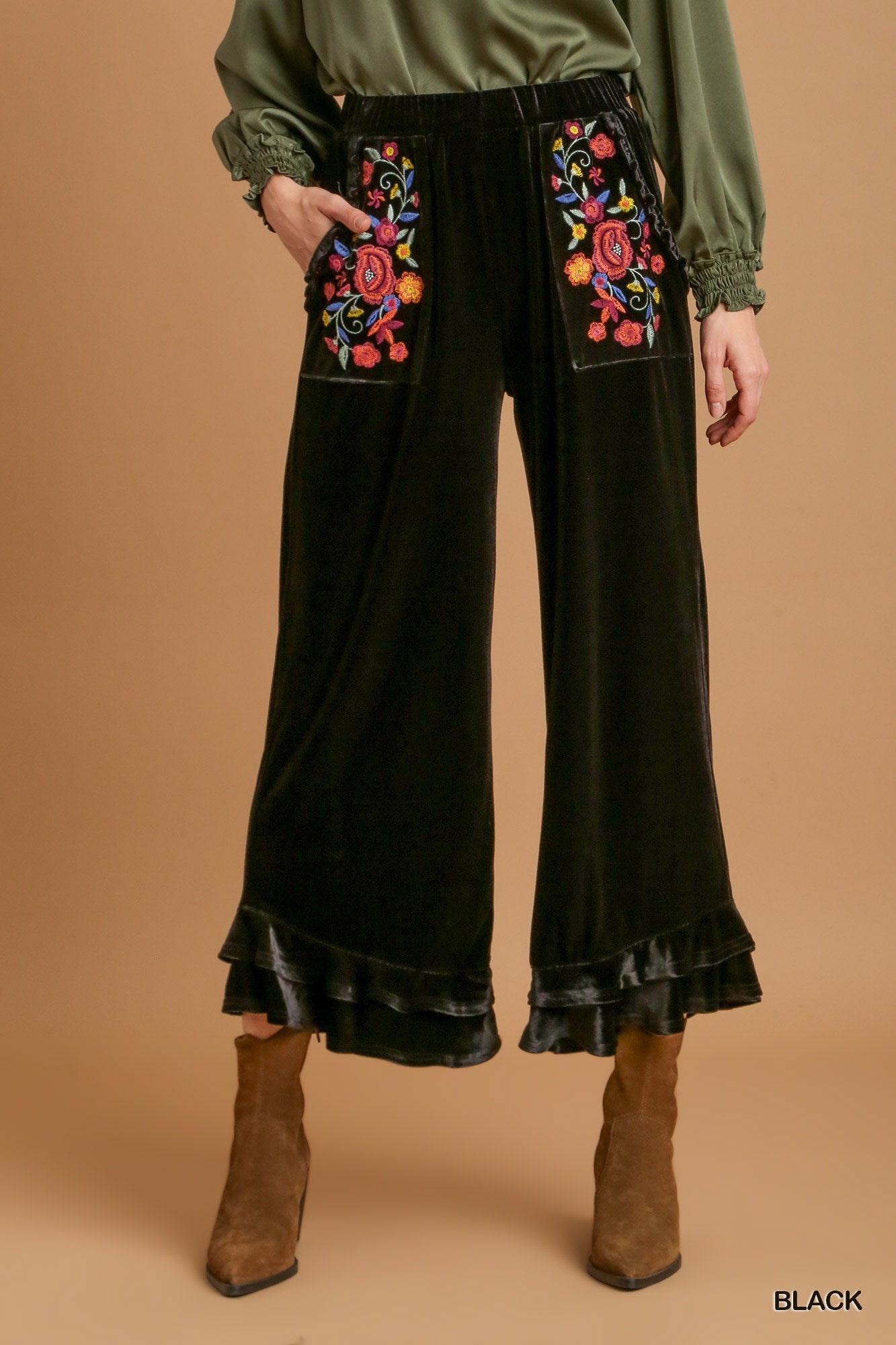 Umgee Elastic Waistband Wide Fit Ruffle Velvet Pants