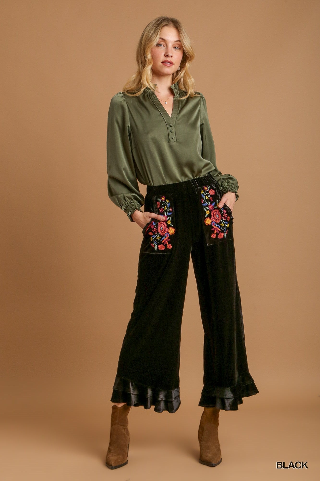Umgee Elastic Waistband Wide Fit Ruffle Velvet Pants