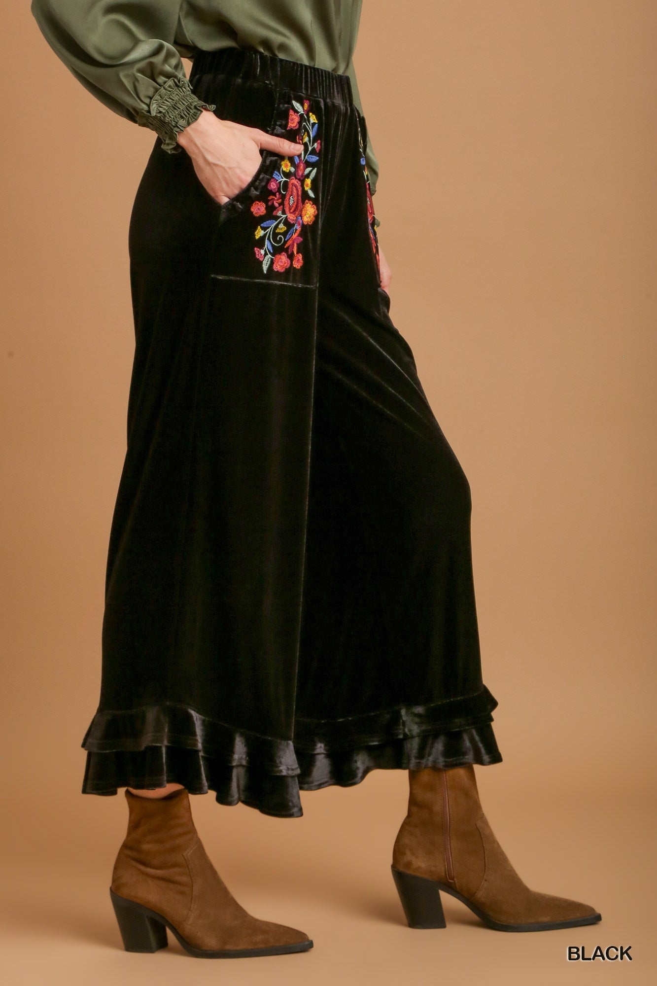 Umgee Elastic Waistband Wide Fit Ruffle Velvet Pants