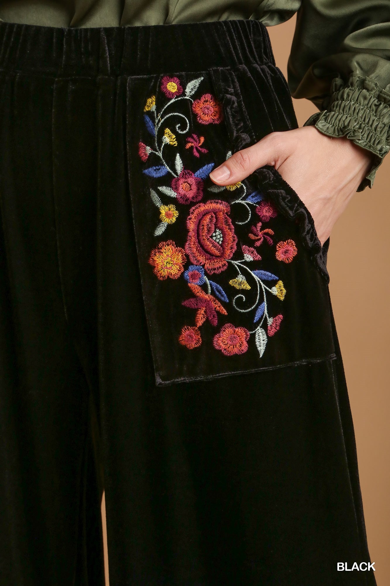 Umgee Elastic Waistband Wide Fit Ruffle Velvet Pants