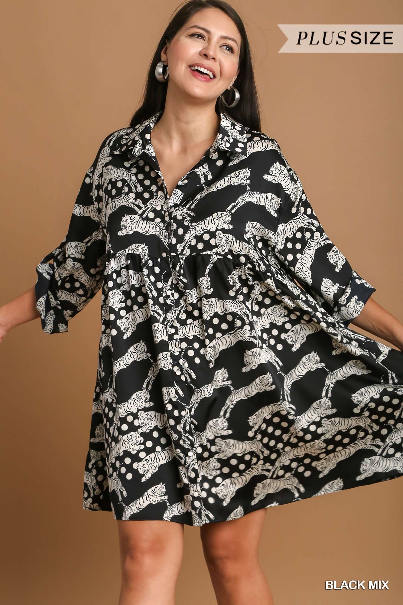Umgee Plus Satin Animal with Dotted Print A-Line Button Down Collared Dress