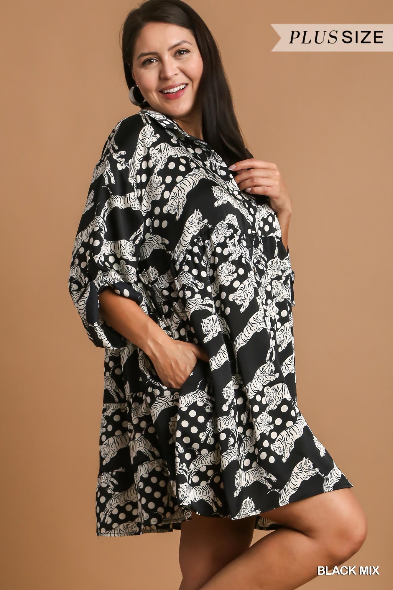 Umgee Plus Satin Animal with Dotted Print A-Line Button Down Collared Dress