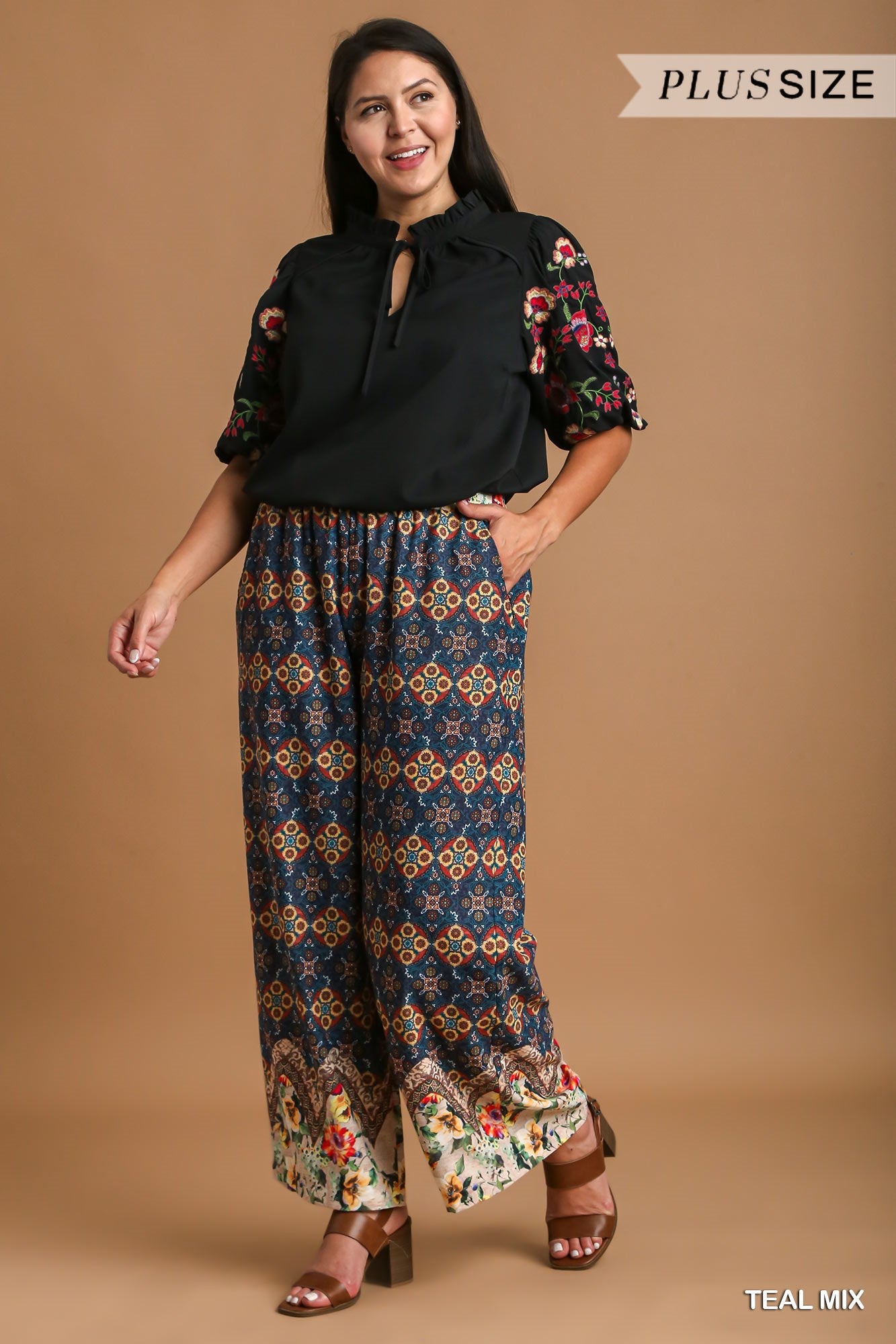 Umgee Plus Mixed Print Elastic Waistband Wide Fit Pants