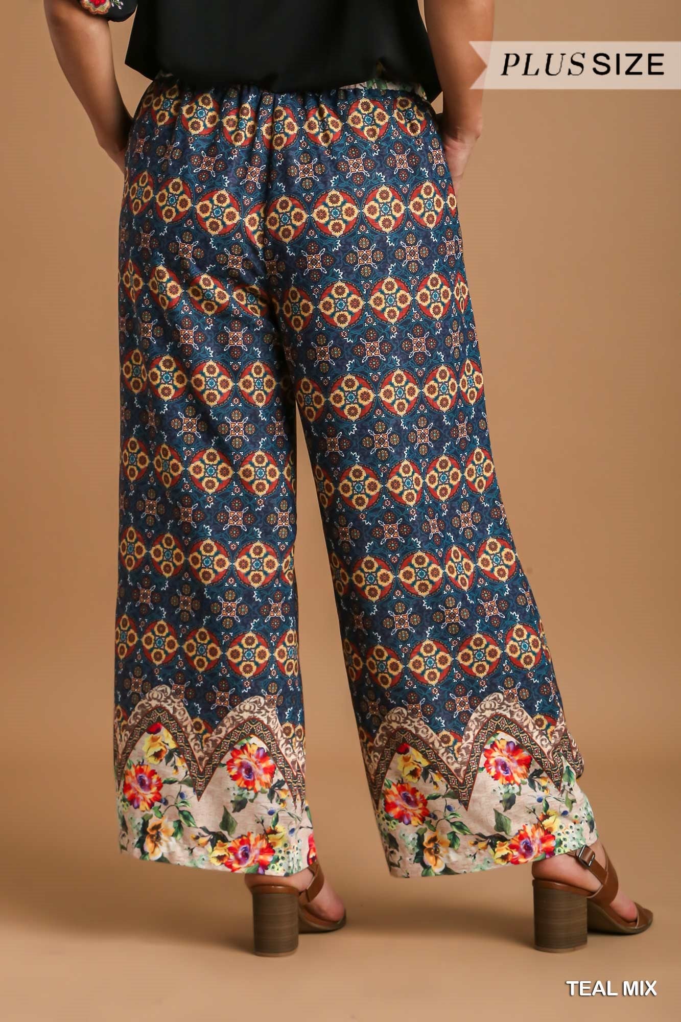 Umgee Plus Mixed Print Elastic Waistband Wide Fit Pants
