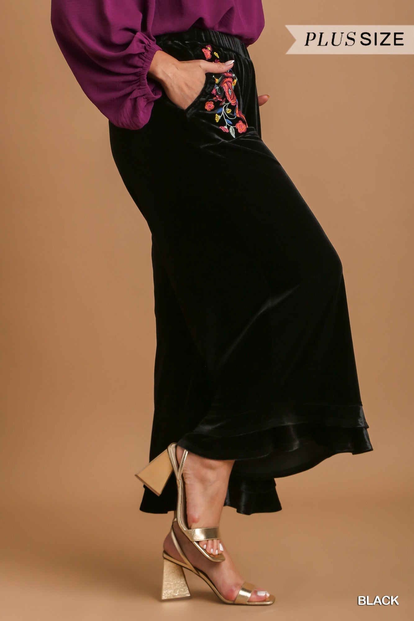 Umgee Plus Elastic Waistband Wide Fit Ruffle Velvet Pants