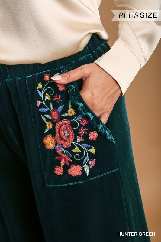Umgee Plus Elastic Waistband Wide Fit Ruffle Velvet Pants