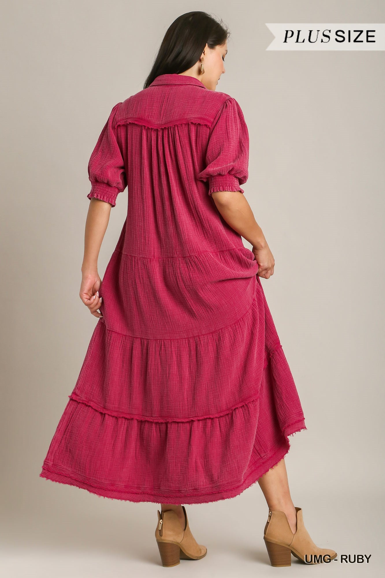 Umgee Plus Mineral Wash Cotton Gauze Dress with Frayed Hem Dress