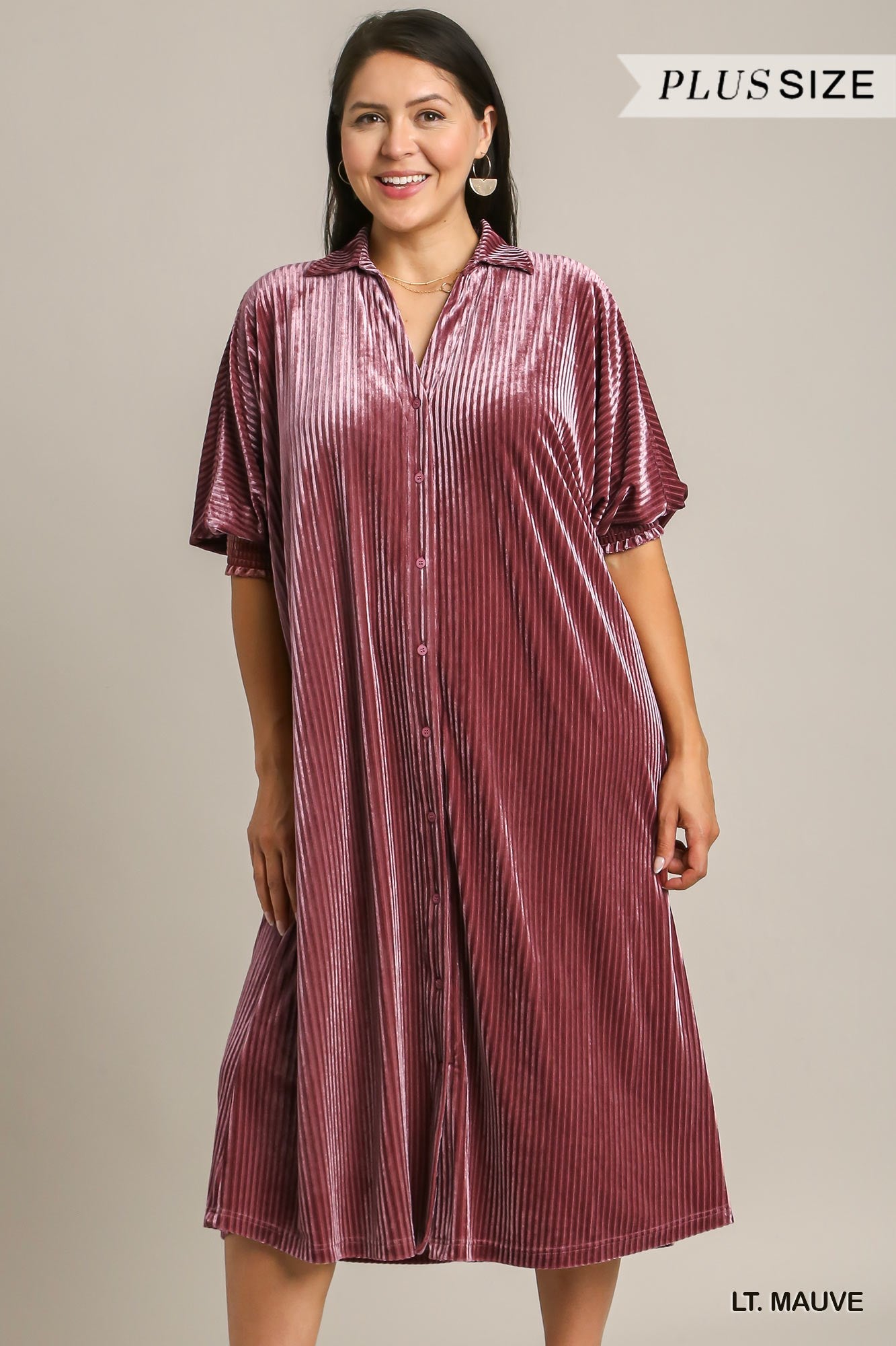 Umgee Plus Velvet Stripe Button Down Shirt Maxi Dress