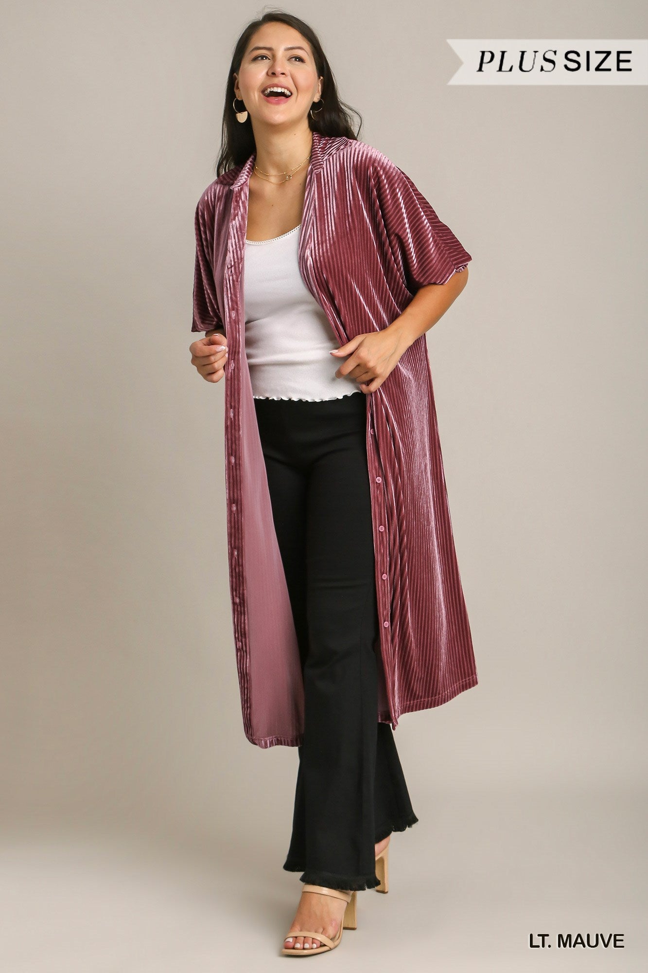 Umgee Plus Velvet Stripe Button Down Shirt Maxi Dress