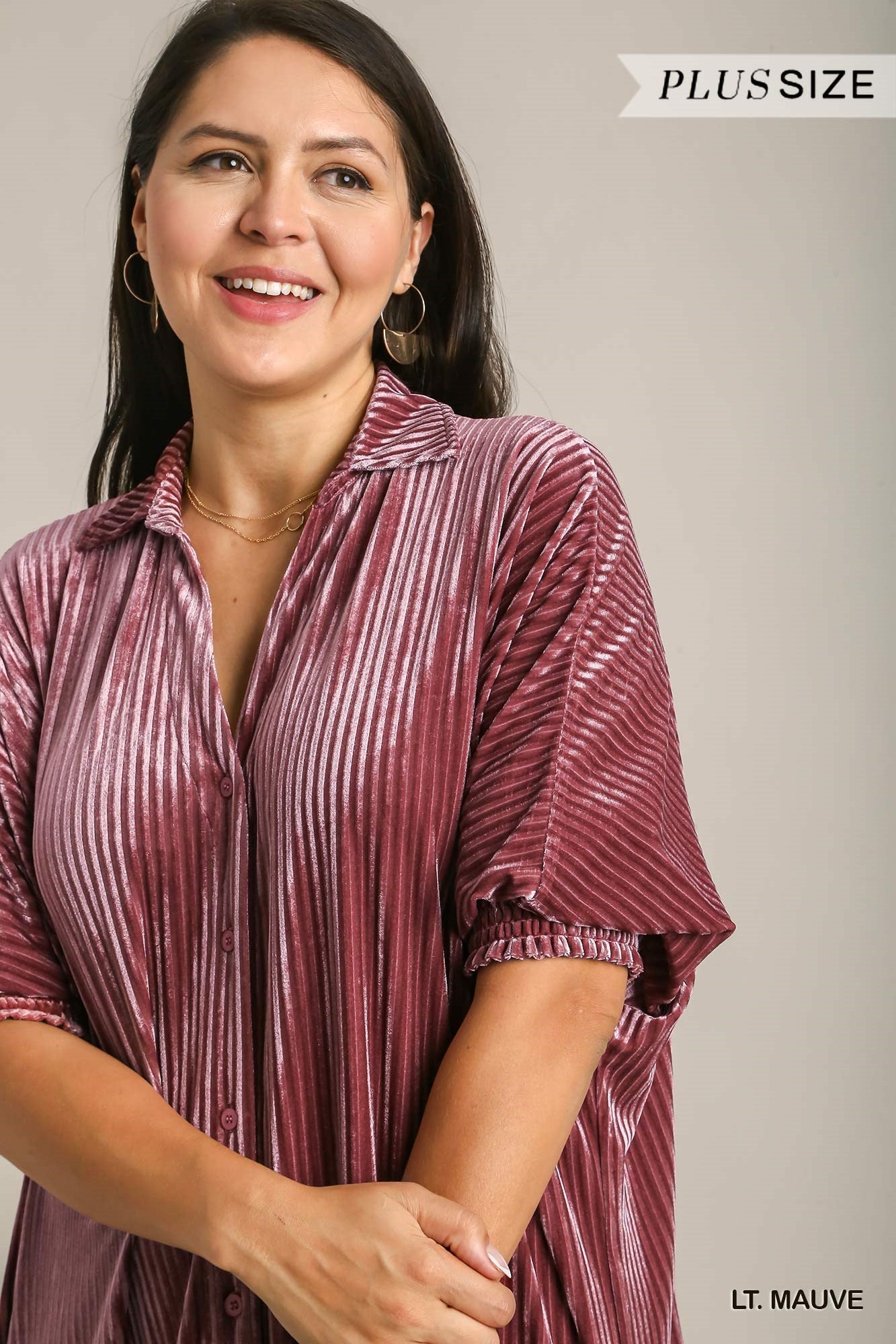 Umgee Plus Velvet Stripe Button Down Shirt Maxi Dress