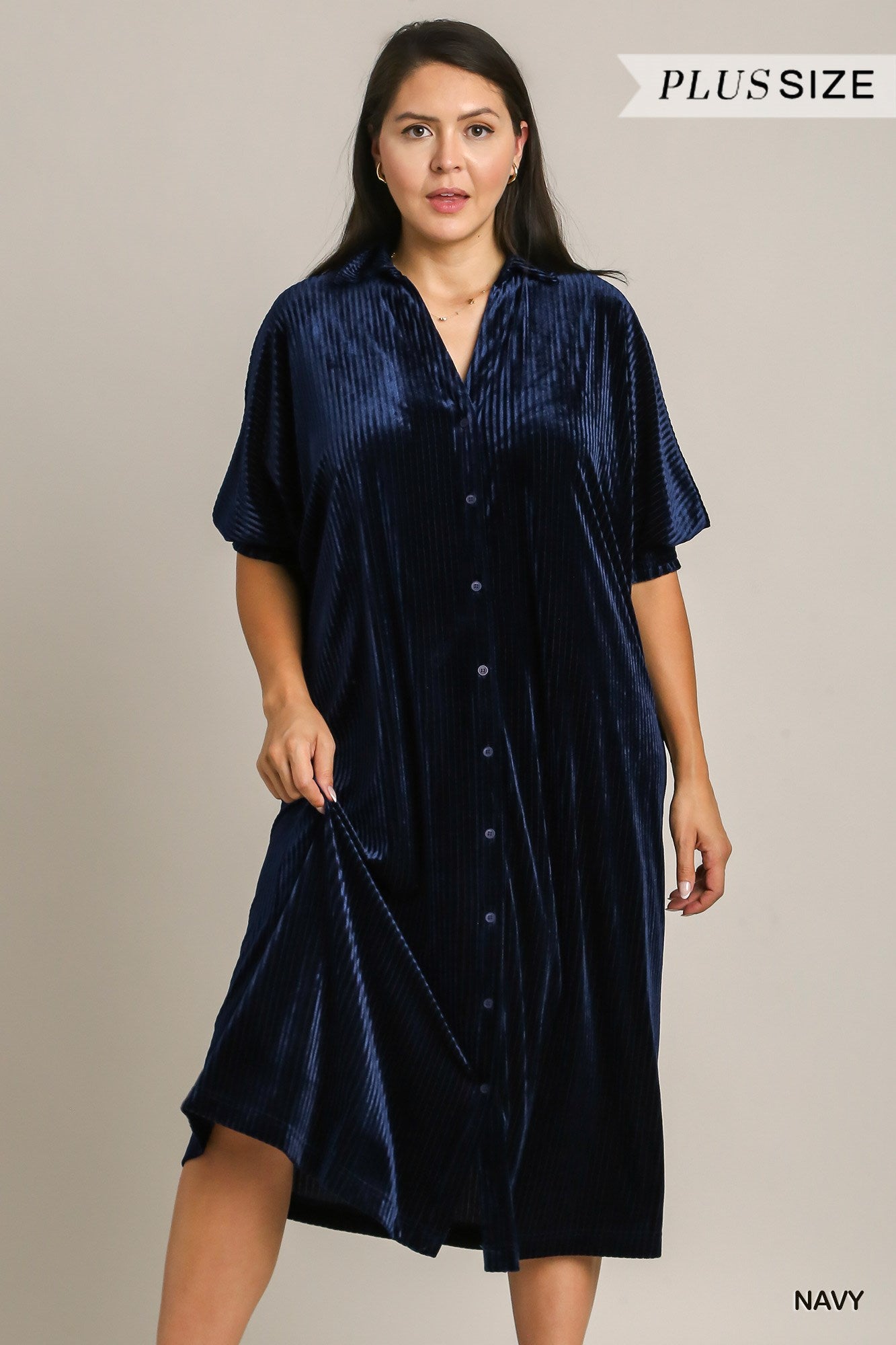 Umgee Plus Velvet Stripe Button Down Shirt Maxi Dress