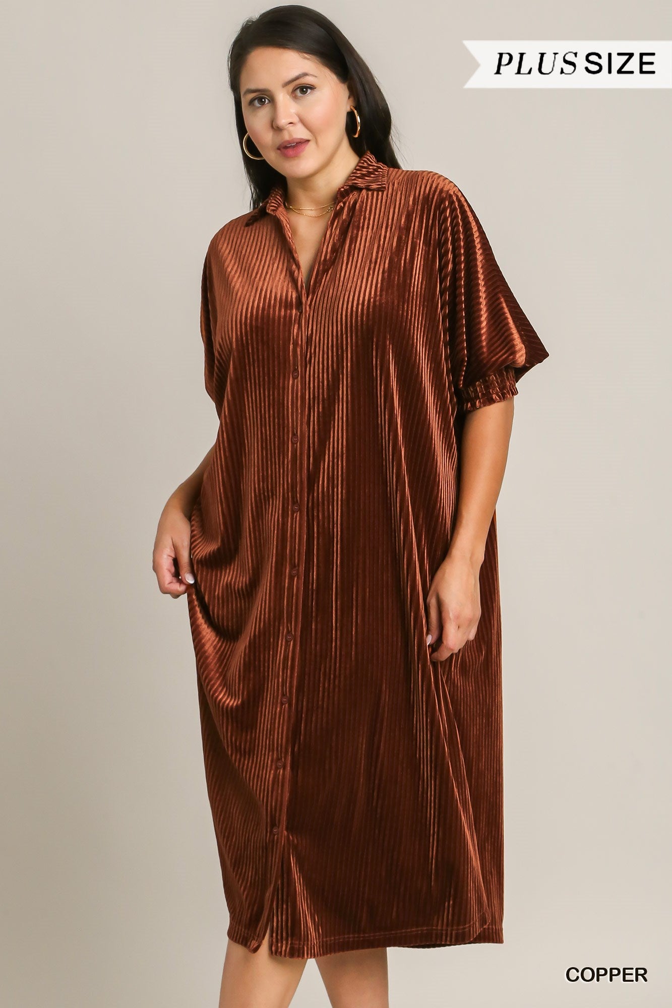 Umgee Plus Velvet Stripe Button Down Shirt Maxi Dress