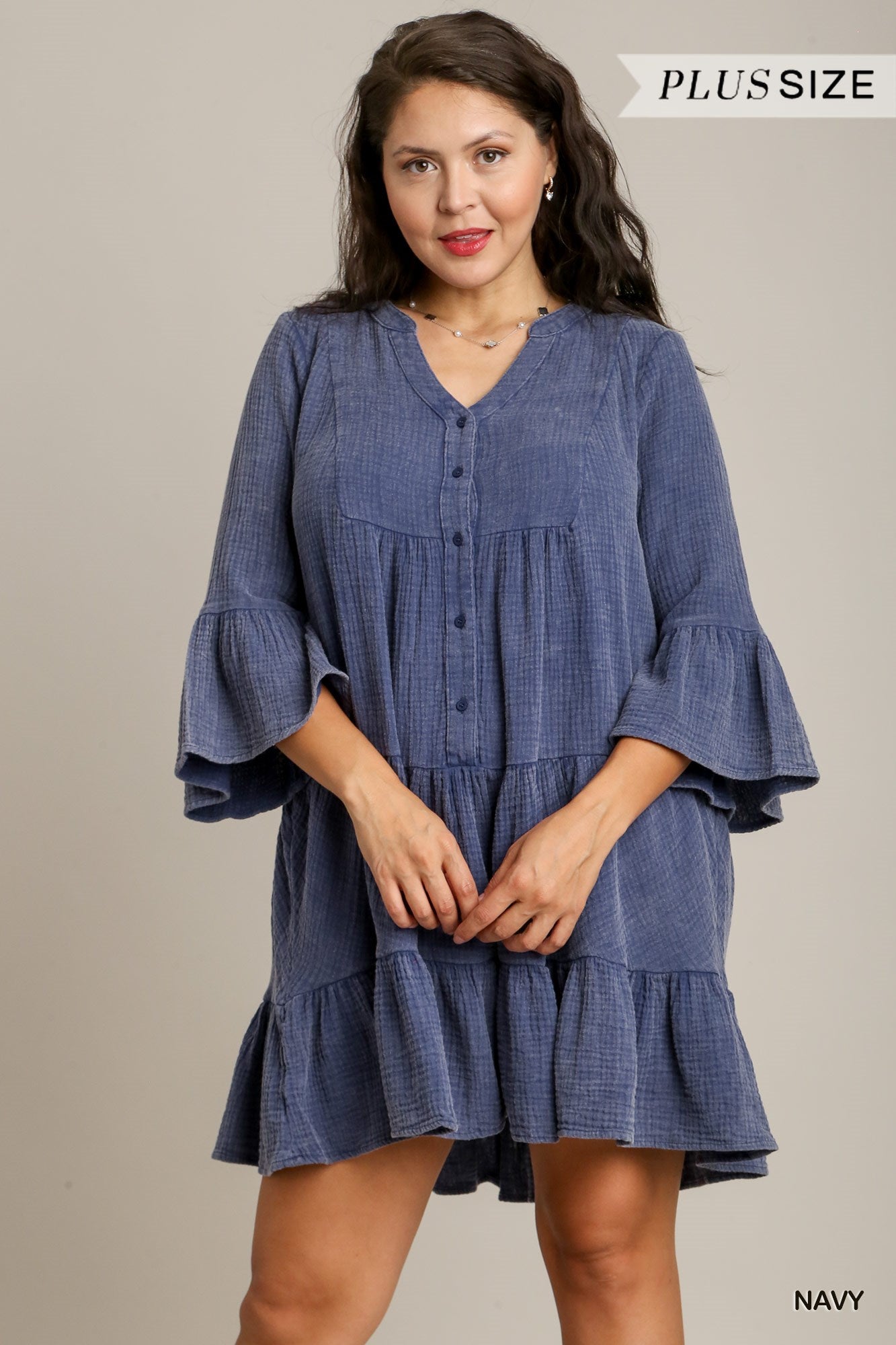 Umgee Plus Mineral Wash Cotton Gauze BabyDoll Tiered Dress