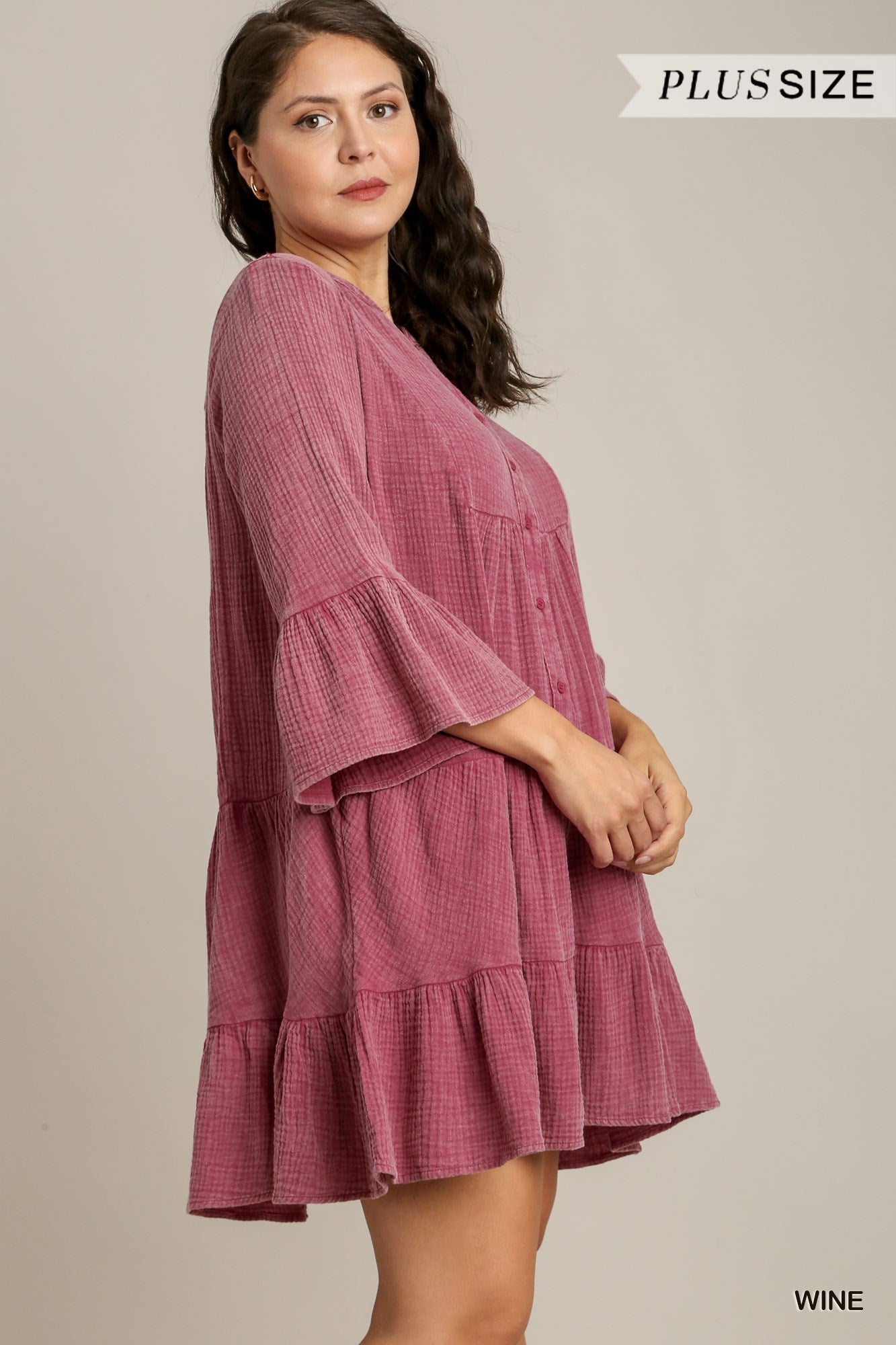 Umgee Plus Mineral Wash Cotton Gauze BabyDoll Tiered Dress