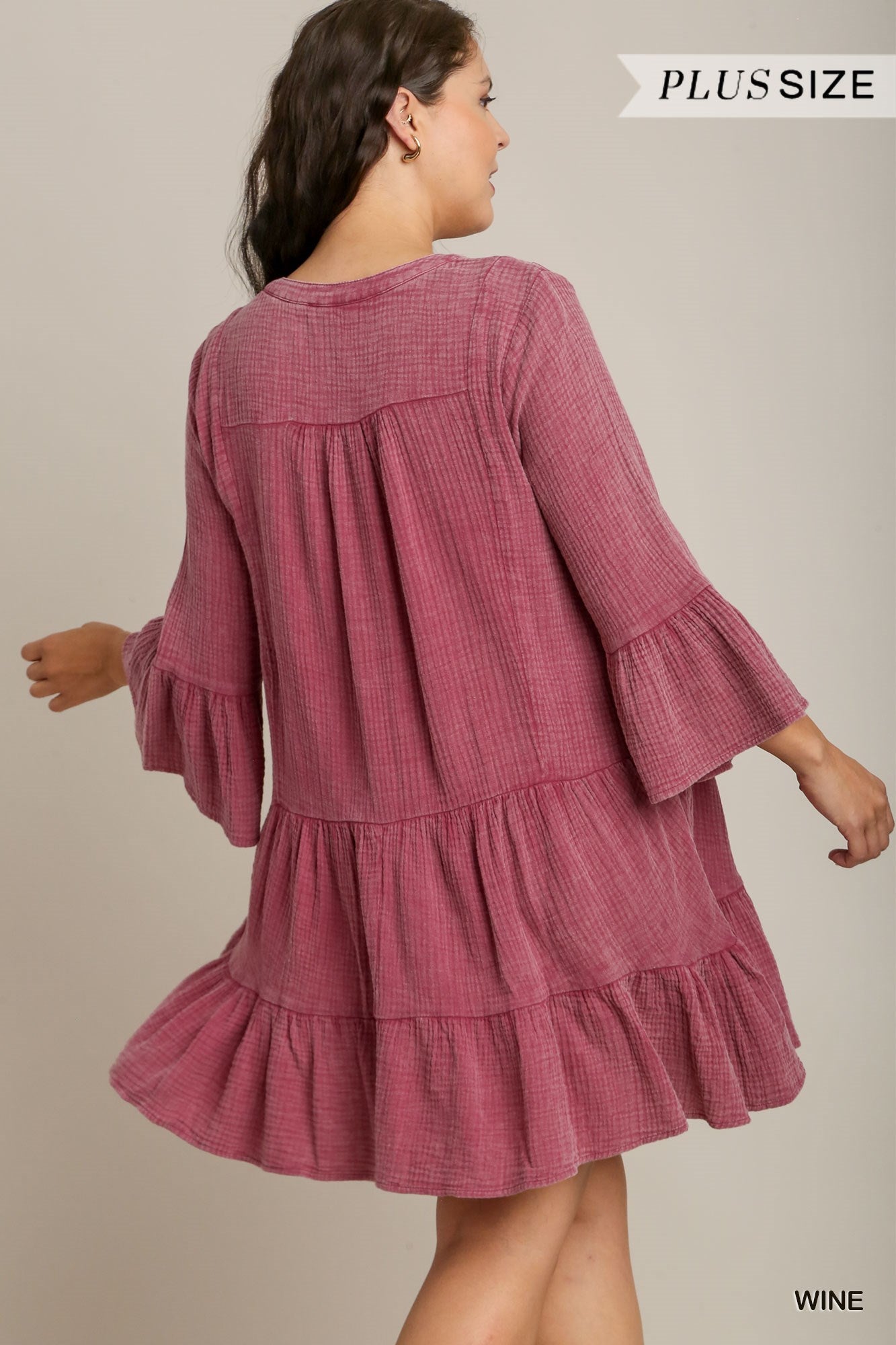 Umgee Plus Mineral Wash Cotton Gauze BabyDoll Tiered Dress