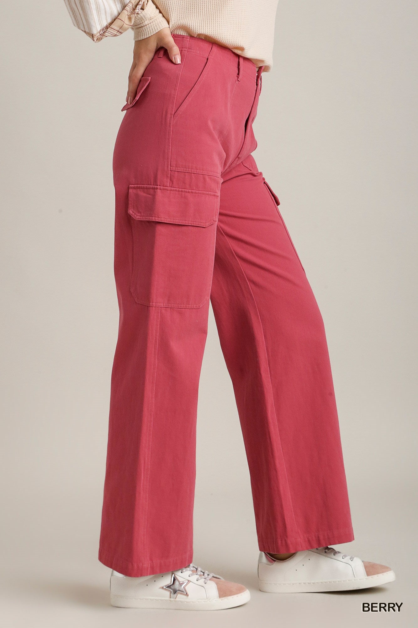 Umgee Solid Stone Washed Straight Cargo Pants