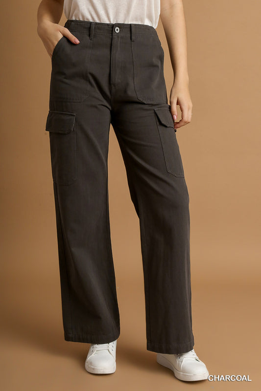 Umgee Solid Stone Washed Straight Cargo Pants