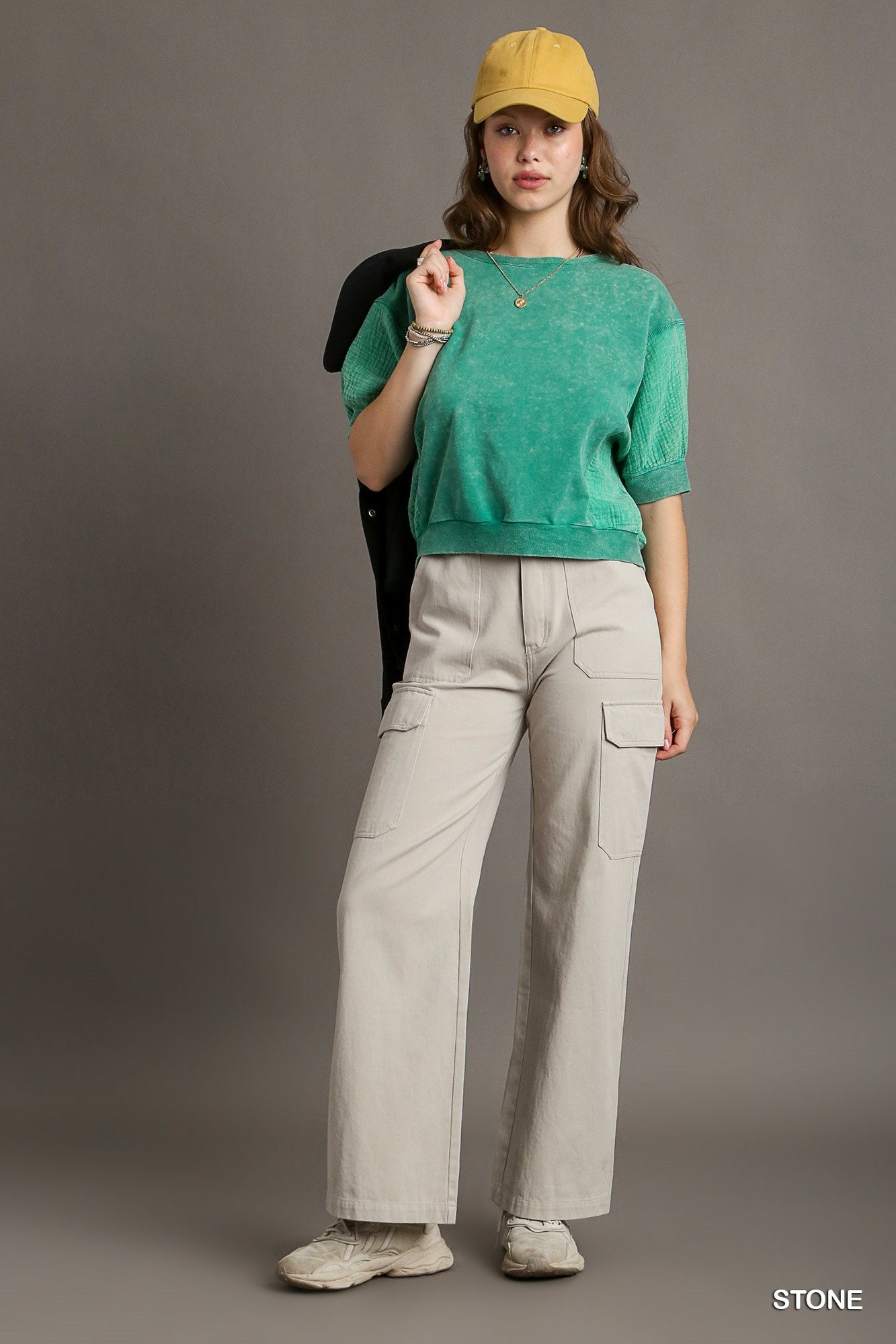 Umgee Solid Stone Washed Straight Cargo Pants