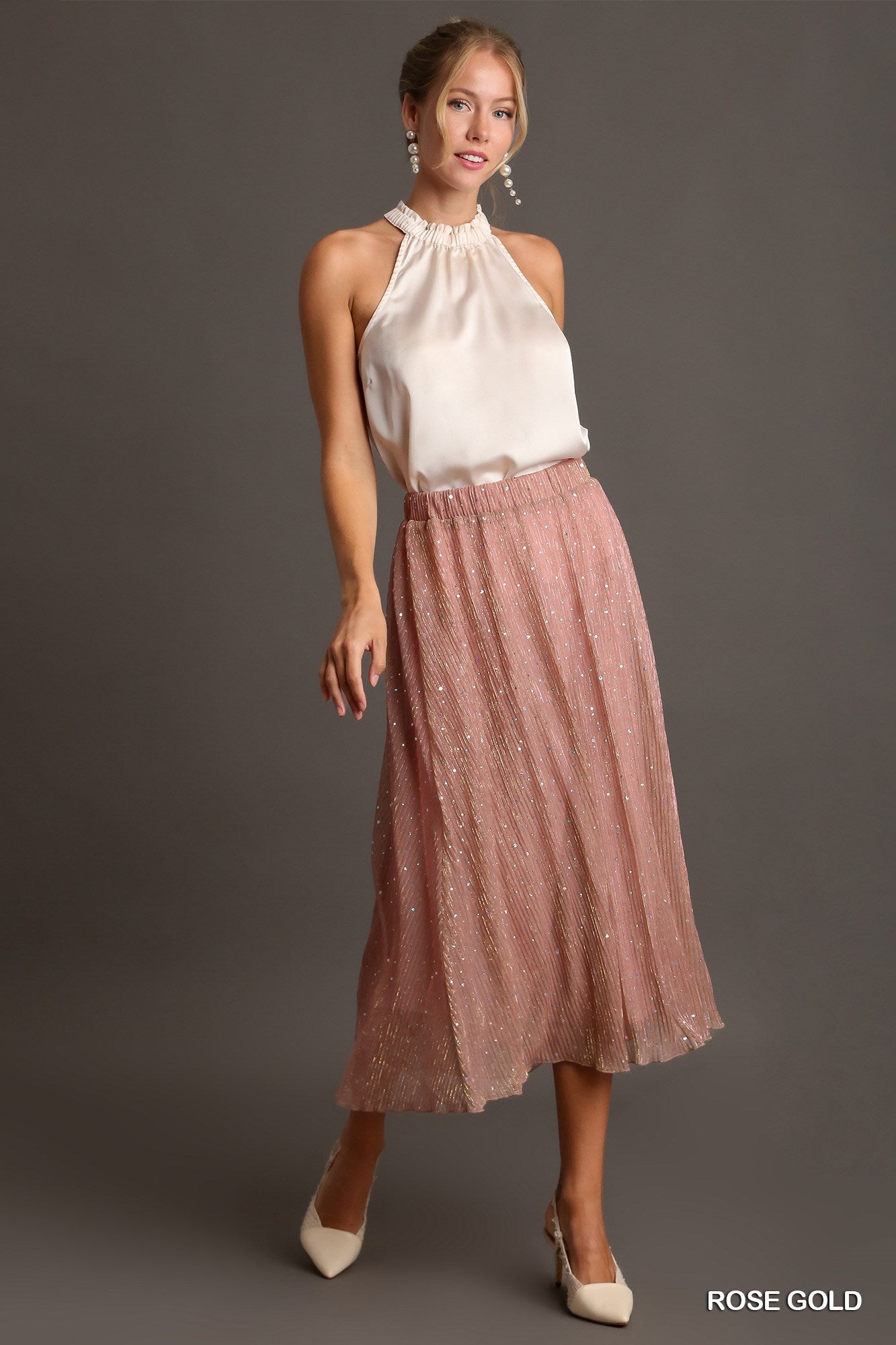 Umgee Pleats Shimmer Midi Elastic Waistband Skirt