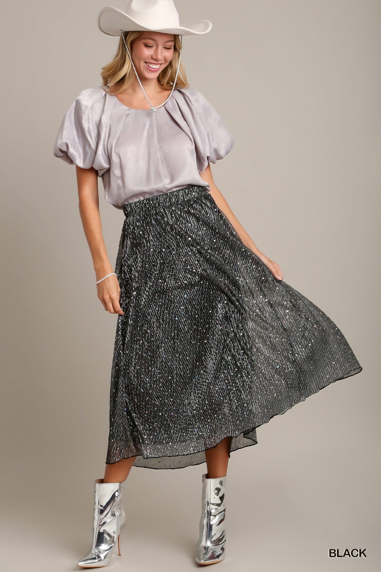 Umgee Pleats Shimmer Midi Elastic Waistband Skirt