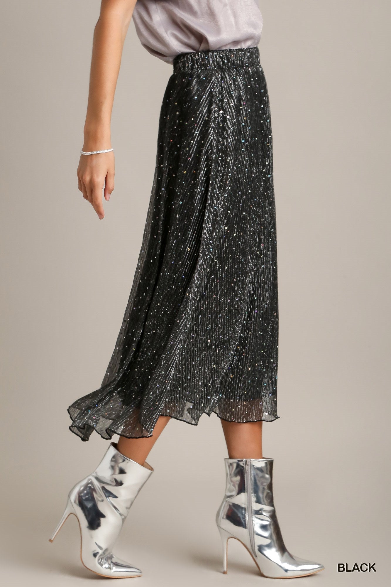 Umgee Pleats Shimmer Midi Elastic Waistband Skirt