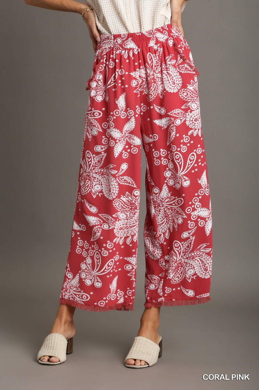 Umgee Paisley Print Elastic Waistband Fray Details Wide Fit Pants