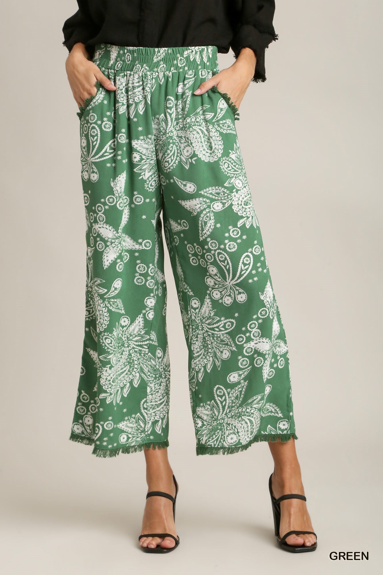 Umgee Paisley Print Elastic Waistband Fray Details Wide Fit Pants