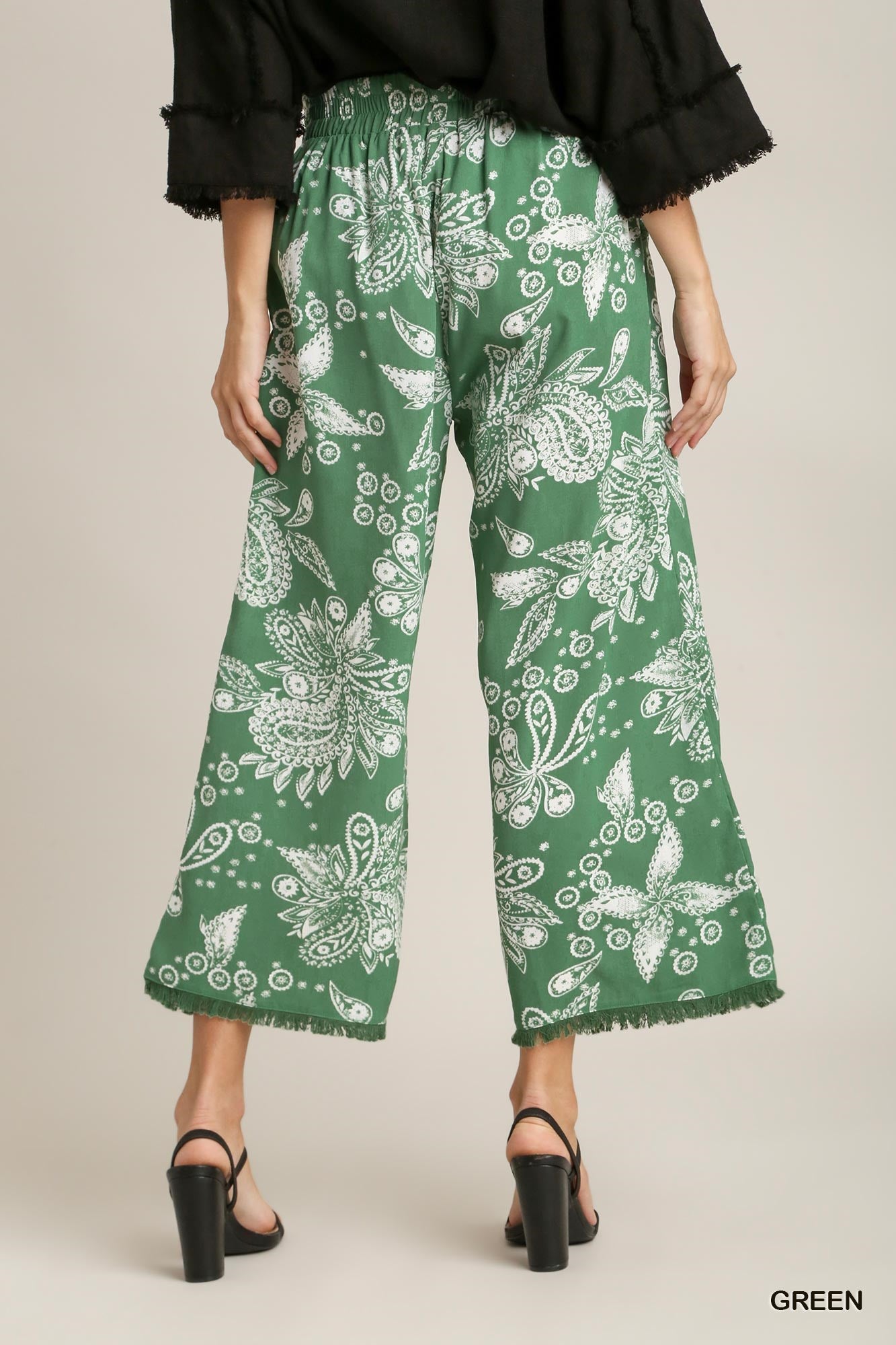 Umgee Paisley Print Elastic Waistband Fray Details Wide Fit Pants