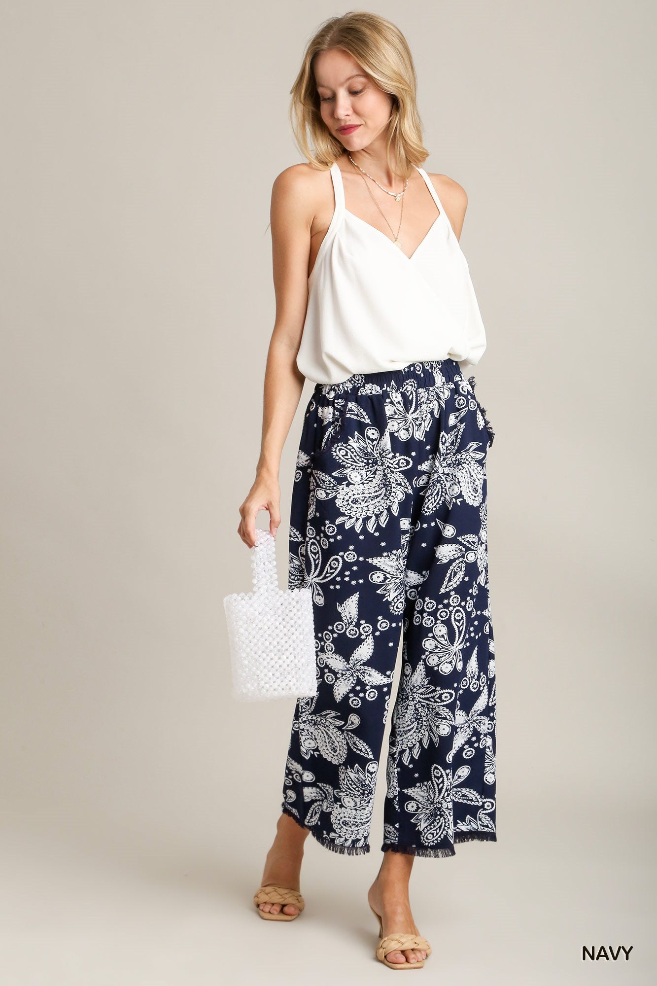 Umgee Paisley Print Elastic Waistband Fray Details Wide Fit Pants